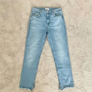 ZARA Straight Fit Jeans Women 8 Mid Rise Distressed Hem Denim Casual Blue